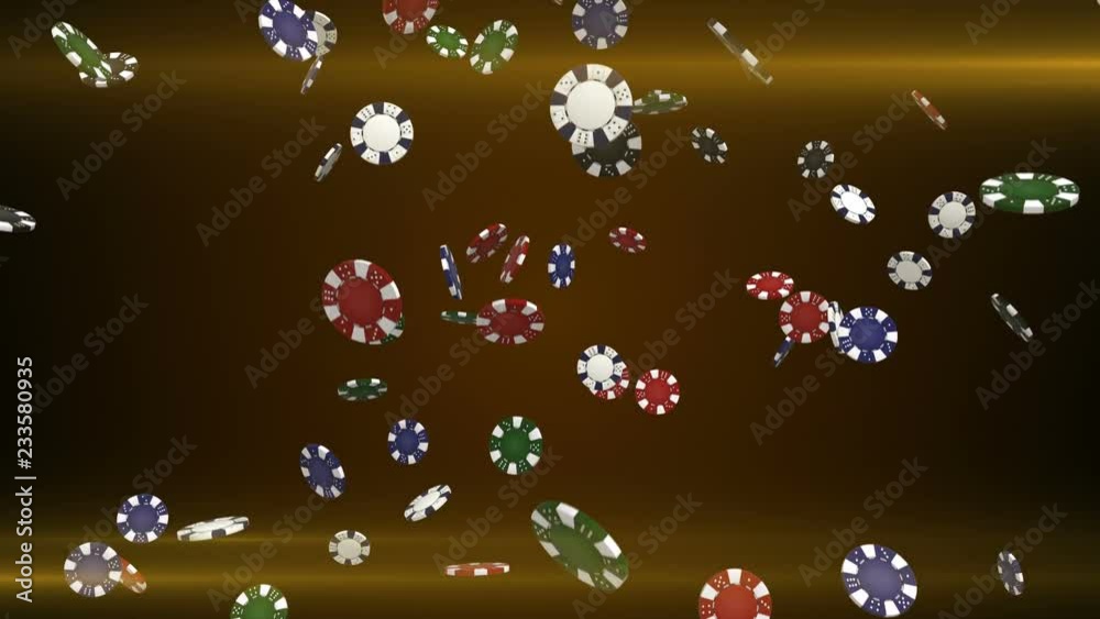 Falling poker chips on black background with flare seamless loop animation
