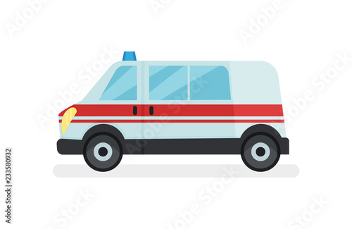 Ambulance car with flasher on roof. Hospital service automobile. Urban transport. Flat vector icon