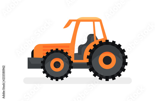 Orange tractor with large wheels. Agricultural vehicle. Farm equipment. Heavy machinery. Flat vector icon