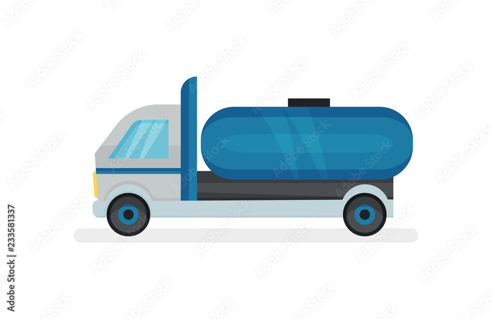 Truck with large blue water tank. Heavy machine with container for liquids. Urban transport. Flat vector icon Truck with large blue water tank. Heavy machine with container for liquids. Urban transport. Flat vector icon