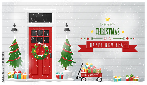Merry Christmas and Happy New Year background with decorated Christmas front door , vector , illustration
