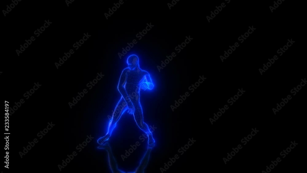 Dancing blue glowing 3d character artificial intelligence from polygons on a reflective floor on a black isolated background seamless loop animation