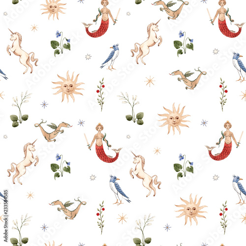 Watercolor pattern with medieval illustrations