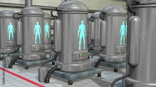 Life support chambers, cryonic tanks containing people. 3d animation photo