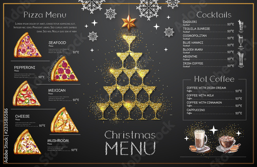 Christmas menu design with golden champagne glasses. Restaurant menu. Pyramid of champagne glasses photo