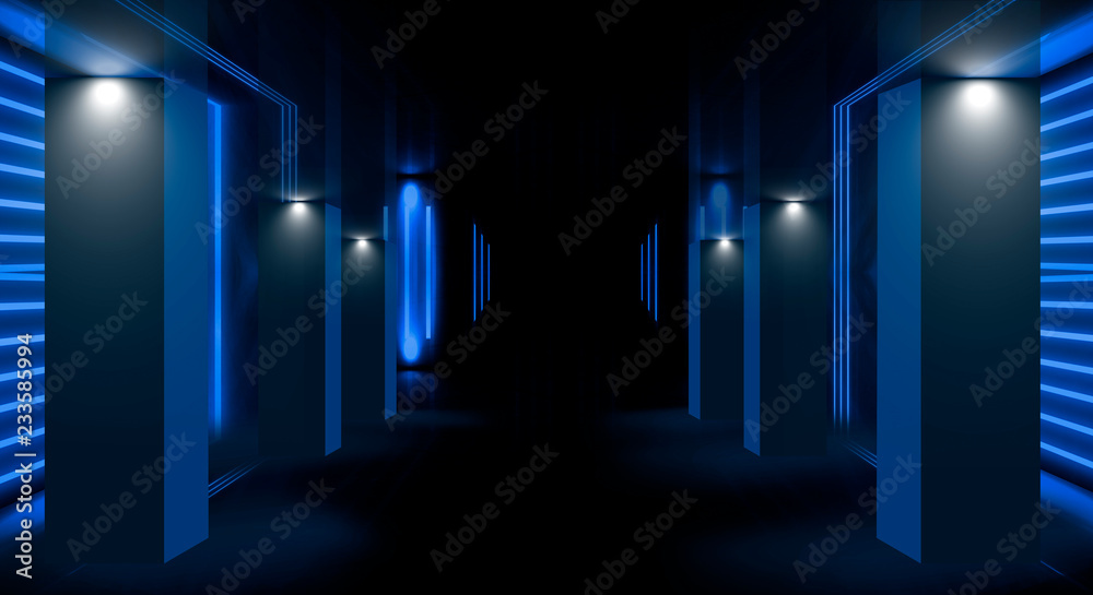 Background of an empty room with walls and concrete floor. Empty room, stairs up, elevator, smoke, smog, neon lights, lanterns Background of an empty room with walls and concrete floor. Empty room, stairs up, elevator, smoke, smog, neon lights, lanterns