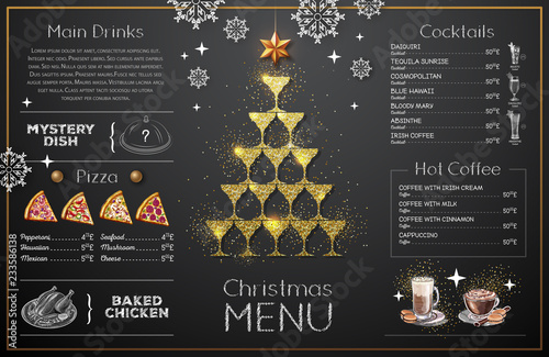 Christmas menu design with golden champagne glasses. Restaurant menu. Pyramid of champagne glasses photo