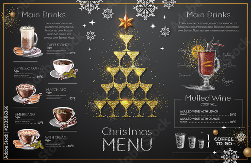 Christmas menu design with golden champagne glasses. Restaurant menu. Pyramid of champagne glasses