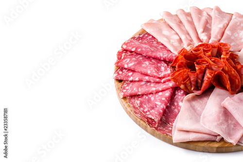 Cold meat on cutting board isolated on white background. Ham, salami, sausage mortadella and turkey. Copyspace