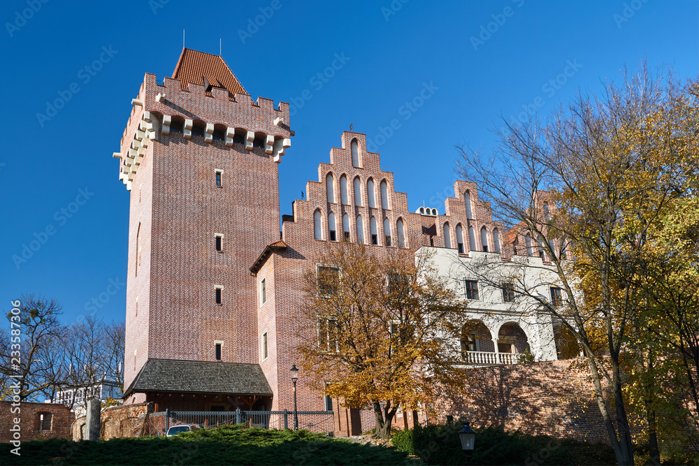 Tower reconstructed royal castle in autumn in Poznan.