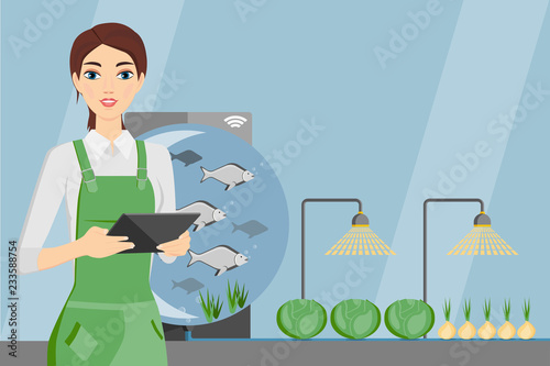 Woman farmer with digital tablet. Growing plants in the greenhouse with aquaponics system. Vector illustration.