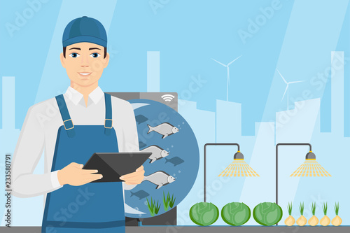 Farmer with digital tablet. Growing plants in the greenhouse with aquaponics system. Vector illustration.