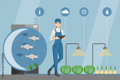 Woman farmer with digital tablet. Growing plants in the greenhouse with aquaponics system. Vector illustration.