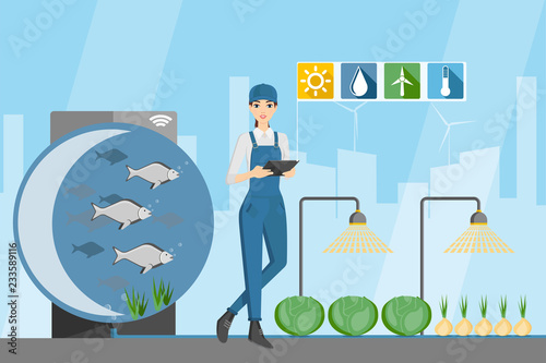 Woman farmer with digital tablet. Growing plants in the greenhouse with aquaponics system. Vector illustration.