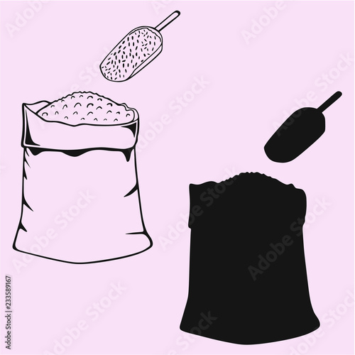 sack of the flour or grain and scoop vector silhouette isolated