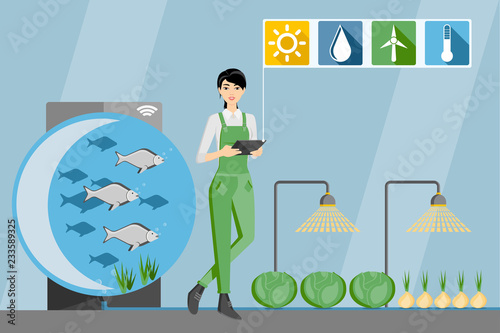 Asian woman farmer with digital tablet. Growing plants in the greenhouse with aquaponics system. Vector illustration.