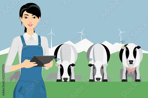Asian woman farmer with digital tablet on a cattle grazing. Internet of things in cattle breeding. Vector illustration
