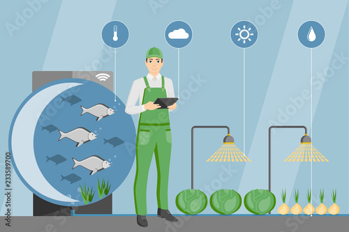 Farmer with digital tablet. Growing plants in the greenhouse with aquaponics system. Vector illustration.