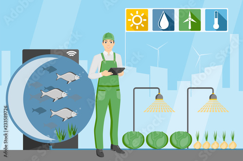 Farmer with digital tablet. Growing plants in the greenhouse with aquaponics system. Vector illustration.