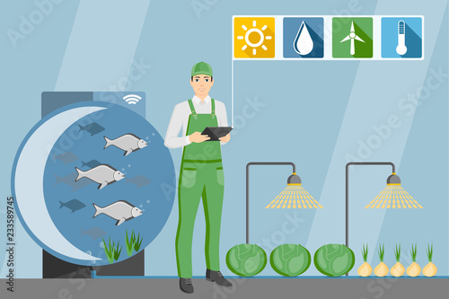 Farmer with digital tablet. Growing plants in the greenhouse with aquaponics system. Vector illustration.
