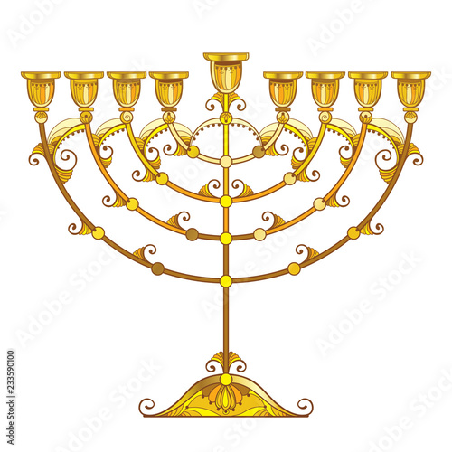 Vector drawing of outline golden Hanukkah menorah or Chanukiah candelabrum isolated on white background. Ornate contour Chanukah menorah for Jewish holiday design.