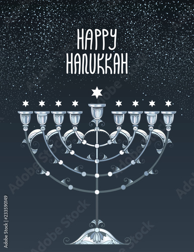 Vector greeting card with outline silver Hanukkah menorah or Chanukiah candelabrum and stars of David on the black background. Ornate contour Chanukah menorah for Jewish holiday design.