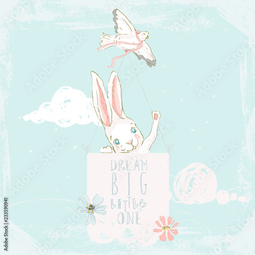 Cute hand drawn baby bunny with floral wreath, tied bow, pigeon and clouds