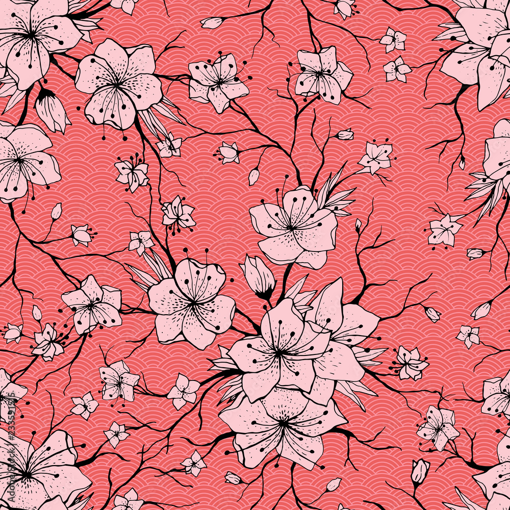 Japanese Sakura Branch and Blossoming Flowers. Classic Seamless Pattern, traditional  kimono fabric, Asian festive design with spring floral, vector  illustration, oriental background. Ready for print. Stock Vector | Adobe  Stock