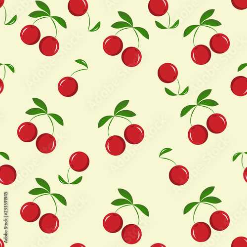 Vector seamless pattern with red cherry. Colorful summer backdrop. Berry background. For restaurant or cafe menu cover, design banner, wrapping paper, wallpaper, print on clothes.