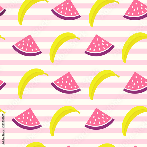 Vector seamless pattern with banana and watermelon slices on striped backdrop. Colorful summer background. For restaurant or cafe menu cover, design banner, wallpaper, print for clothe