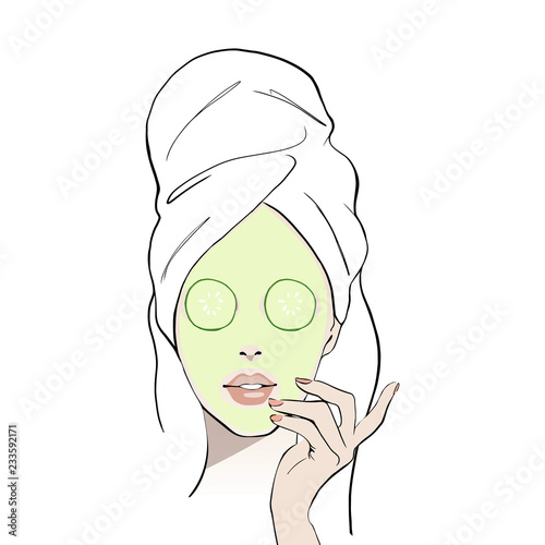 Spa day card concept. Woman wears with towel on head, vector hand drawn illustration for instructions. Slices of cucumber lie on eyes. Fashion, style, beauty, sketch drawing. Vector illustration