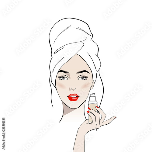 Beautiful young woman with cosmetic foundation on a skin. Beauty treatment concept. Tone cream, make up. Beautiful woman face with make-up and towel hand drawn vector illustration