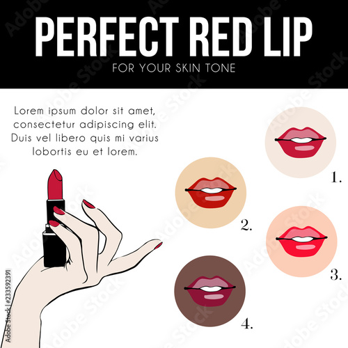 Lips makeup, color chart for your skin tone and Female hand with red lipstick. Hand drawn lipstick and Lips on the skin. Woman's skin tone. Vector illustration for makeup artist.