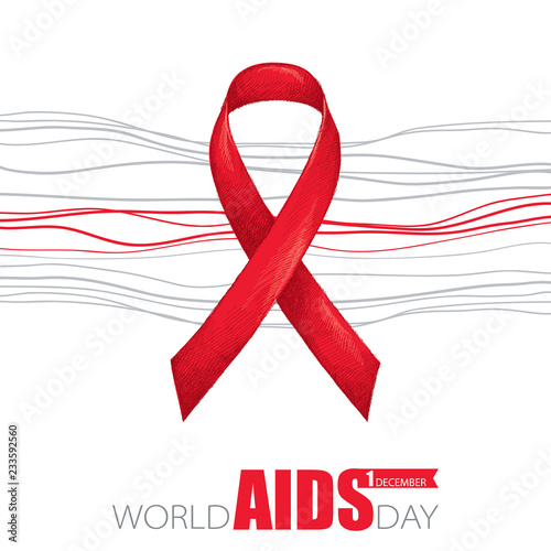 Vector poster with red ribbon and grey lines isolated on white background. AIDS Awareness symbol in sketch style. Placard design for world AIDS day 1 December with ribbon and text.