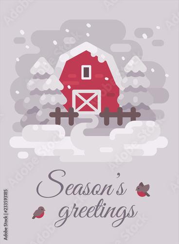 Red barn with trees in a winter country landscape. Christmas greeting card flat illustration. Seasons greetings