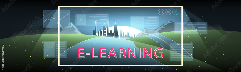 The concept of elearning. A transparent monitor screen with the word E-LEARNING, illuminates the road leading to the modern city and the sun. Vector illustration.