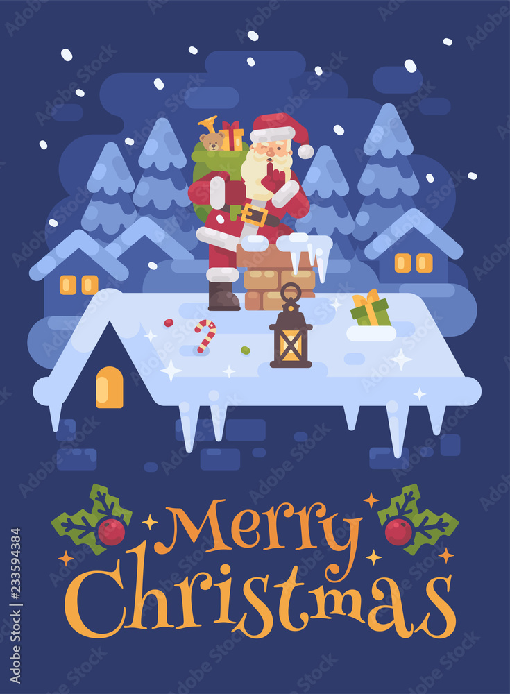 Cheerful Santa Claus on a roof climbing into the chimney with a bag full of presents  on Christmas night. Blue winter flat illustration card