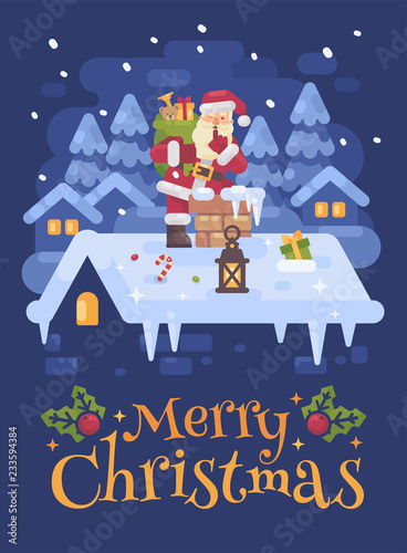 Cheerful Santa Claus on a roof climbing into the chimney with a bag full of presents  on Christmas night. Blue winter flat illustration card photo