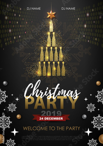 Christmas party poster with golden champagne glass. Golden Christmas tree