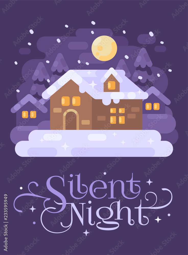 Snowy purple winter village landscape with a house. Silent Night Christmas flat illustration greeting card