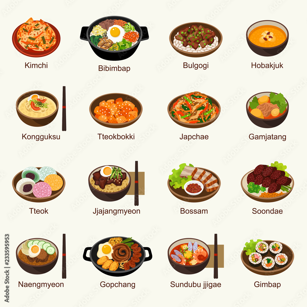 Foto Korean food vector illustration set