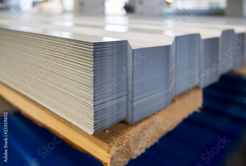 Pile of corrugated sheets on the rack store