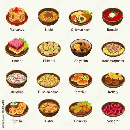 Russian food vector illustration set