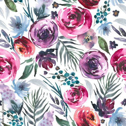 Abstract watercolor floral seamless pattern, red watercolor roses