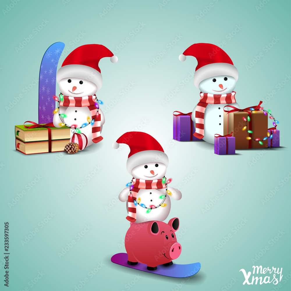 Set of cute snowmen in Santa's hat and Christmas gifts 