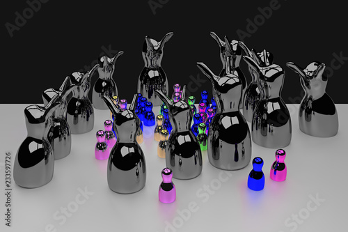 glossy figures standing on a bright surface and celebrating a pretty scary halloween party