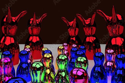 glossy figures standing on a bright surface and celebrating a pretty scary halloween party