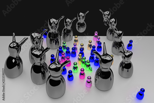 glossy figures standing on a bright surface and celebrating a pretty scary halloween party
