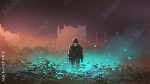 man in futuristic suit standing on glowing plants in the alien planet, digital art style, illustration painting