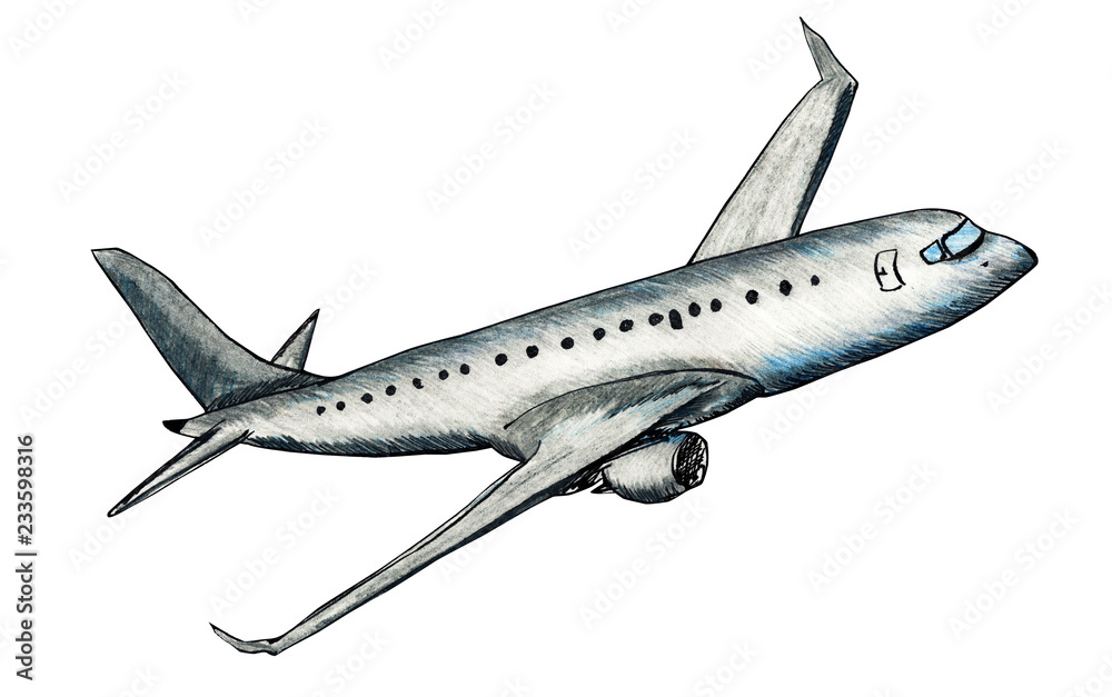 Hand drawn illustration of airplane in flight in color pencils style isolated on a white background Hand drawn illustration of airplane in flight in color pencils style isolated on a white background